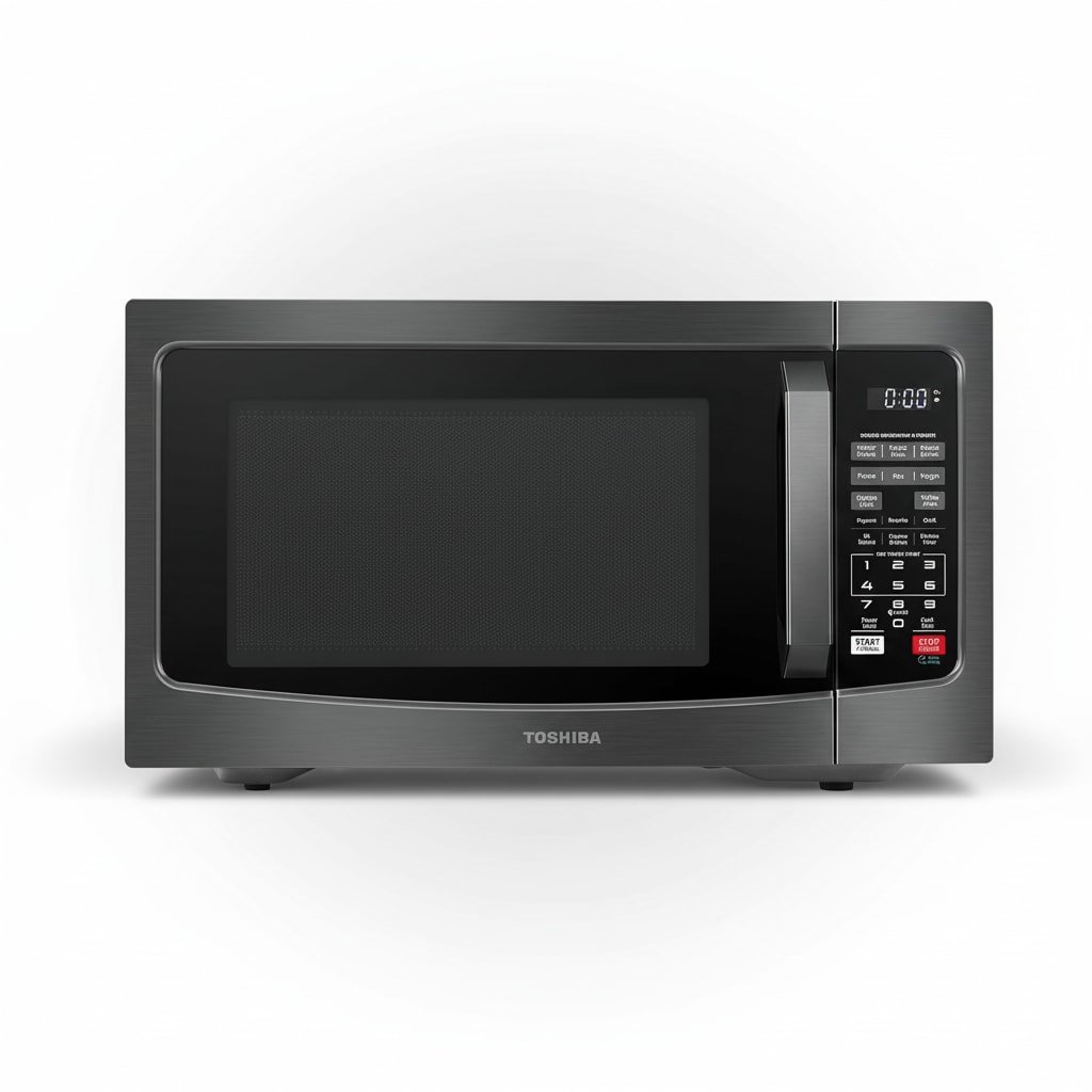 TOSHIBA EM131A5C-BS Countertop Microwave Ovens 1.2 Cu Ft, 12.4" Removable Turntable Smart Humidity Sensor 12 Auto Menus Mute Function ECO Mode Easy Clean Interior Black Color 1000W