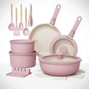 Astercook 21 Pcs Pots and Pans Non Stick Ceramic Cookware Set, Detachable Handles, RV Kitchen Cooking Set, Oven Safe, Induction Ready, Stackable, Pink