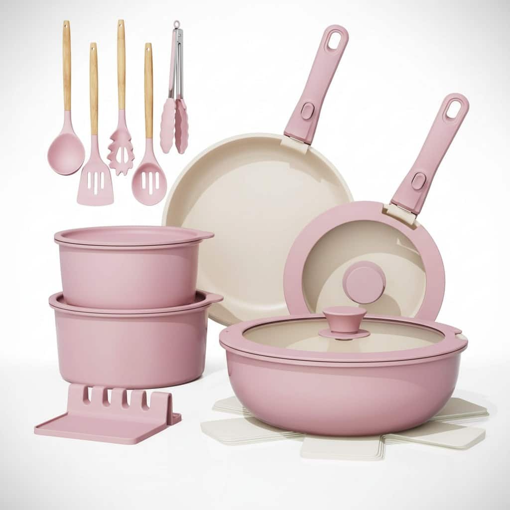 Astercook 21 Pcs Pots and Pans Non Stick Ceramic Cookware Set, Detachable Handles, RV Kitchen Cooking Set, Oven Safe, Induction Ready, Stackable, Pink